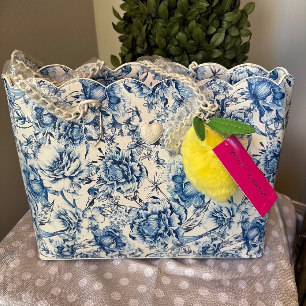 BETSEY JOHNSON Triple Compartment Printed Tote with Scallop Trim and Lemon Charm